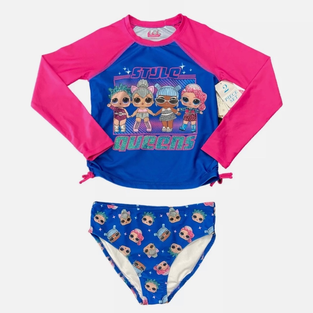 L.O.L. Surprise! Girl's 2 Piece Long Sleeve Rash Guard & Brief Bottom Swim Set
